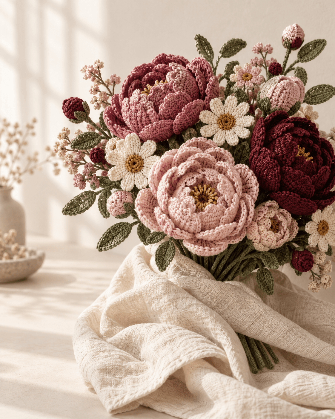 Blush crochet flower bouquet on cream linen