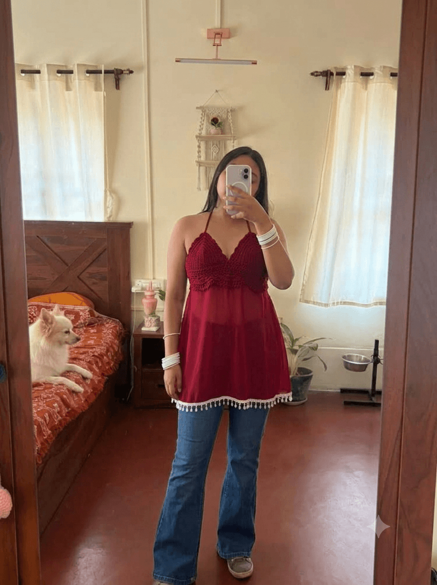 Crochet Top 2 burgundy halter-style crochet top, front view